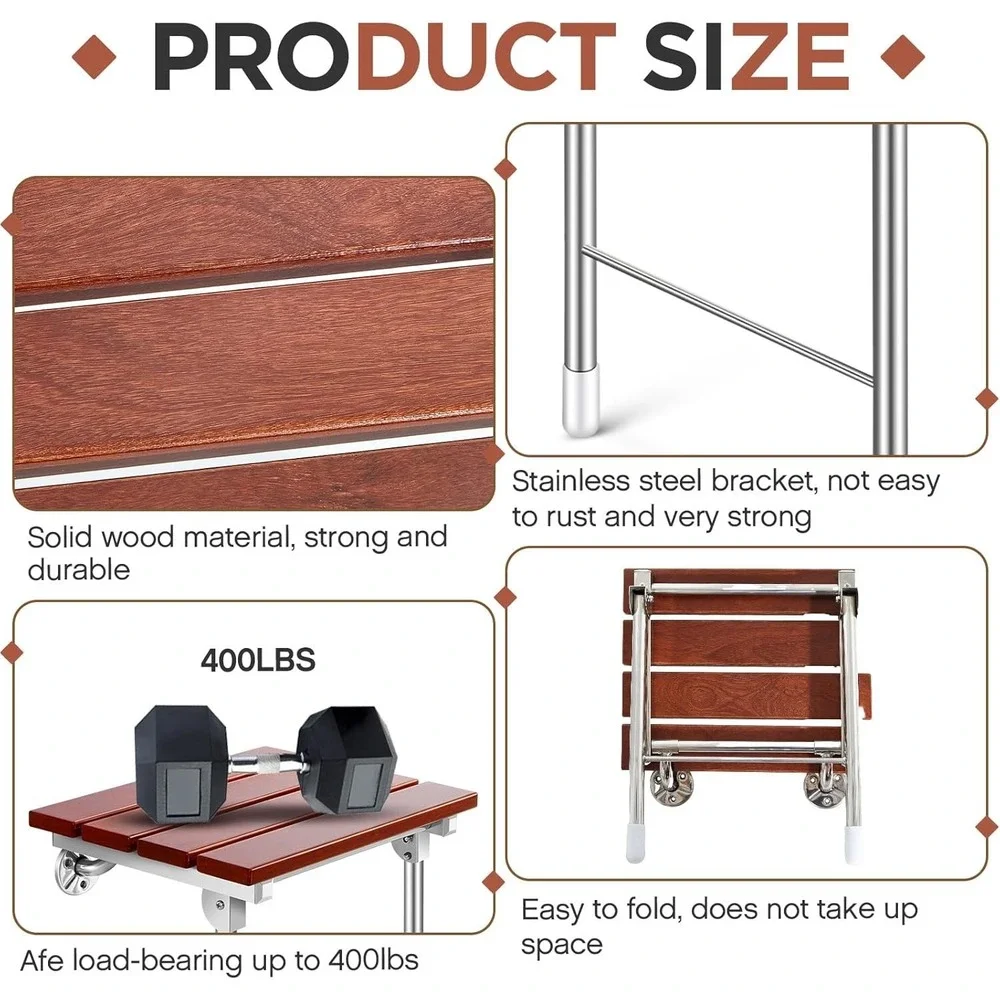 Geetery Folding Shower Seat Wall Mounted‎ 18 Inch Wood Bench w/ Legs 400 lbs